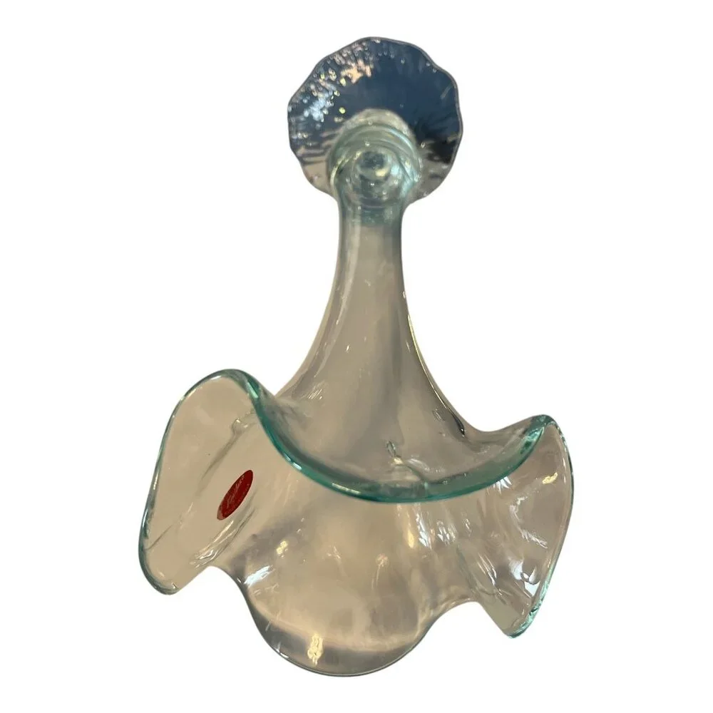Vintage Faviluso Hand-Blown Art Glass Trumpet Vase – Green Edged Clear Glass – M